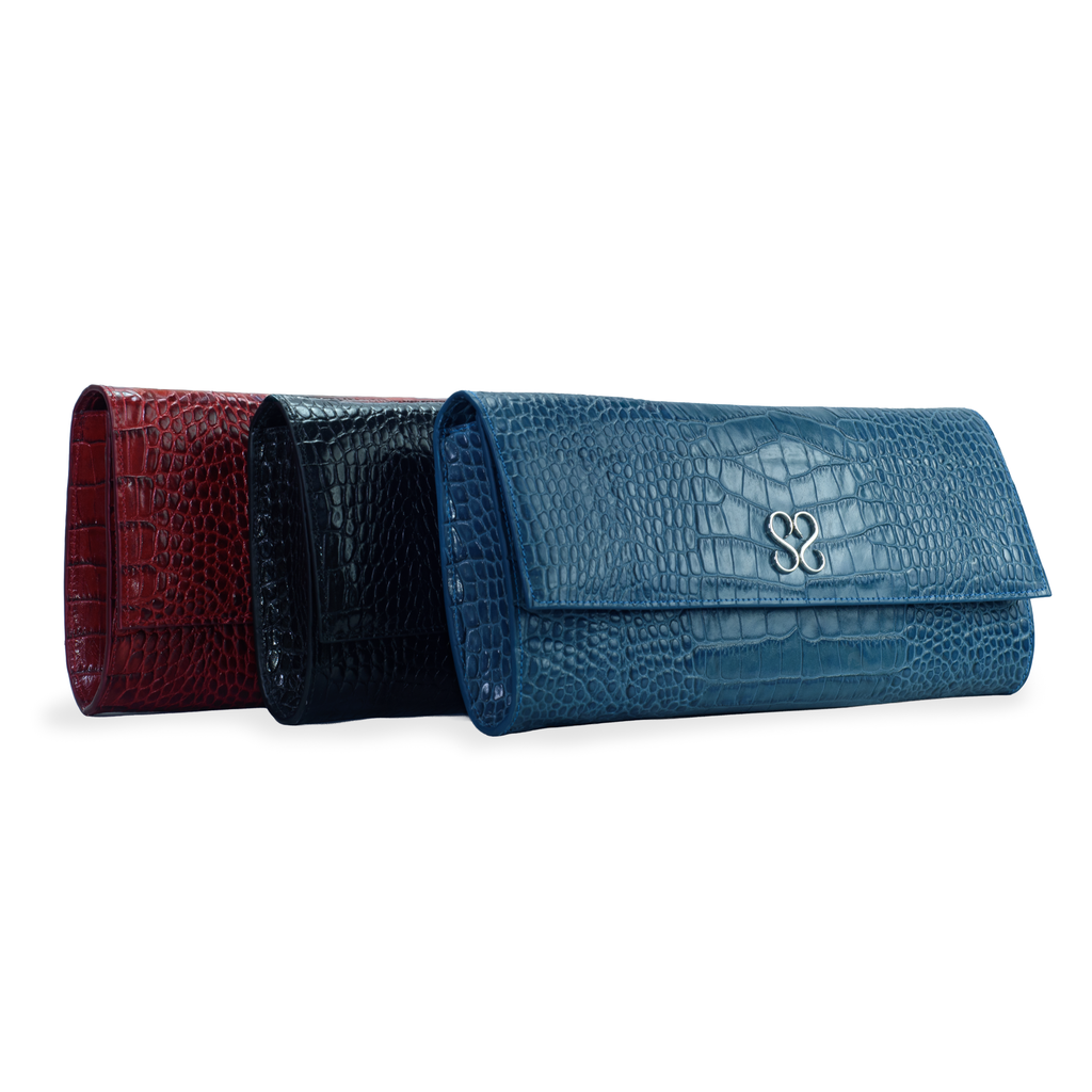 The Valentina Croc Clutch in Shadow Blue - Stessa by Sarah
